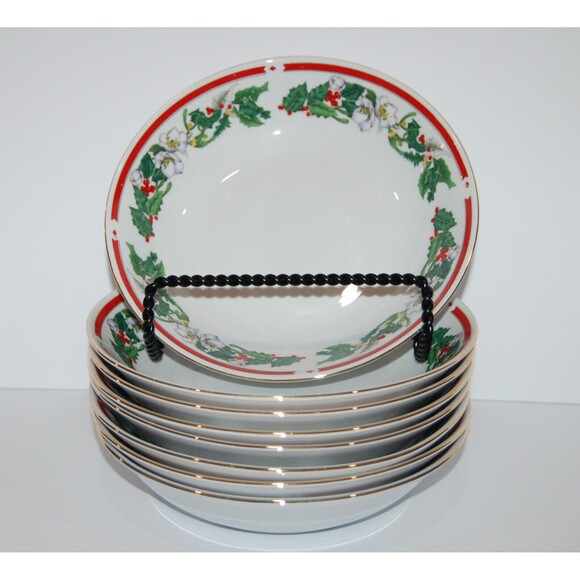 Set Of 8 Vintage Lynns Fine China St Maria Holly Christmas 7.5 " Soup Salad Bowl - Picture 2 of 11